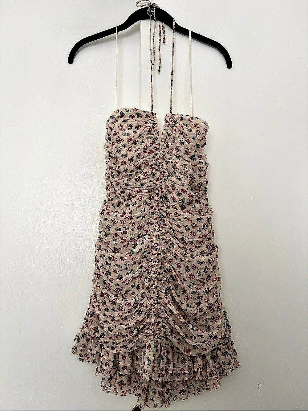 Zara Floral Metallic Thread Ruched Halter Mini Dress Cream & Pink Medium